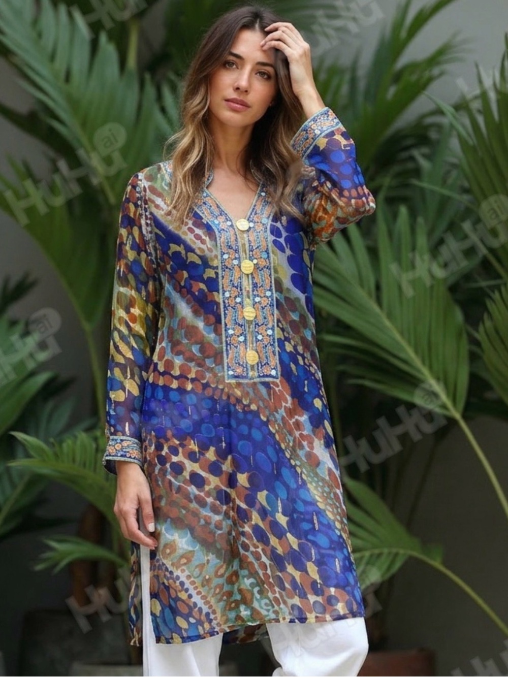 Blue Multi-Color Printed Long Tunic Top